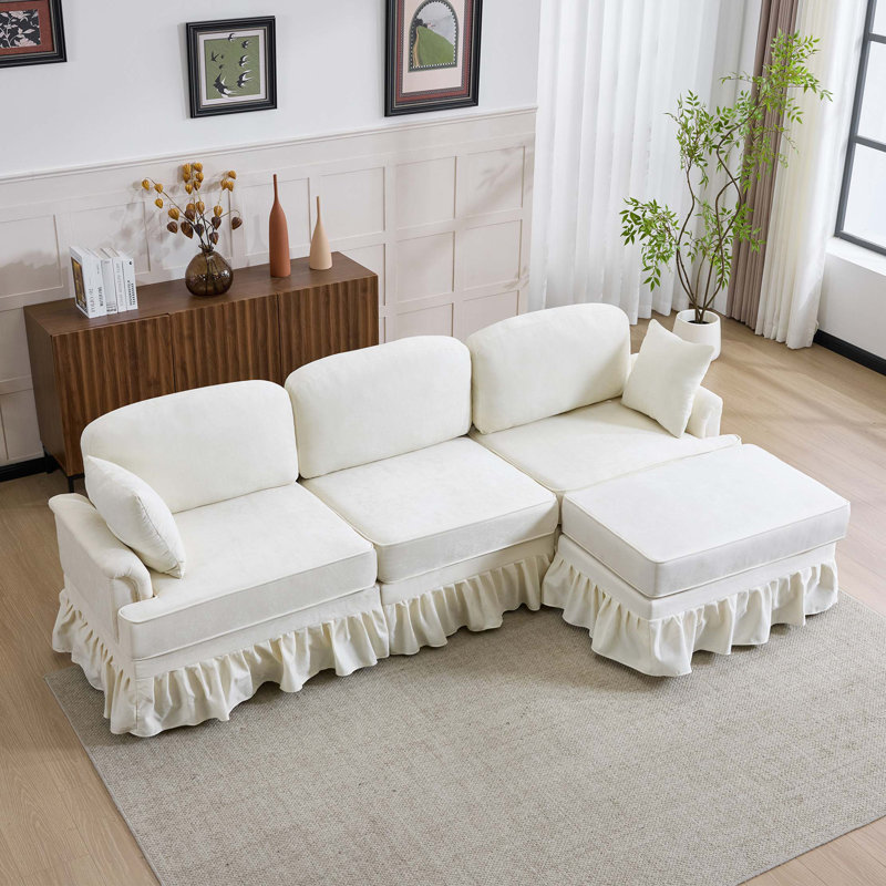 Canapé modulaire moderne avec jupe amovible et tissu chenille, Chenille blanche