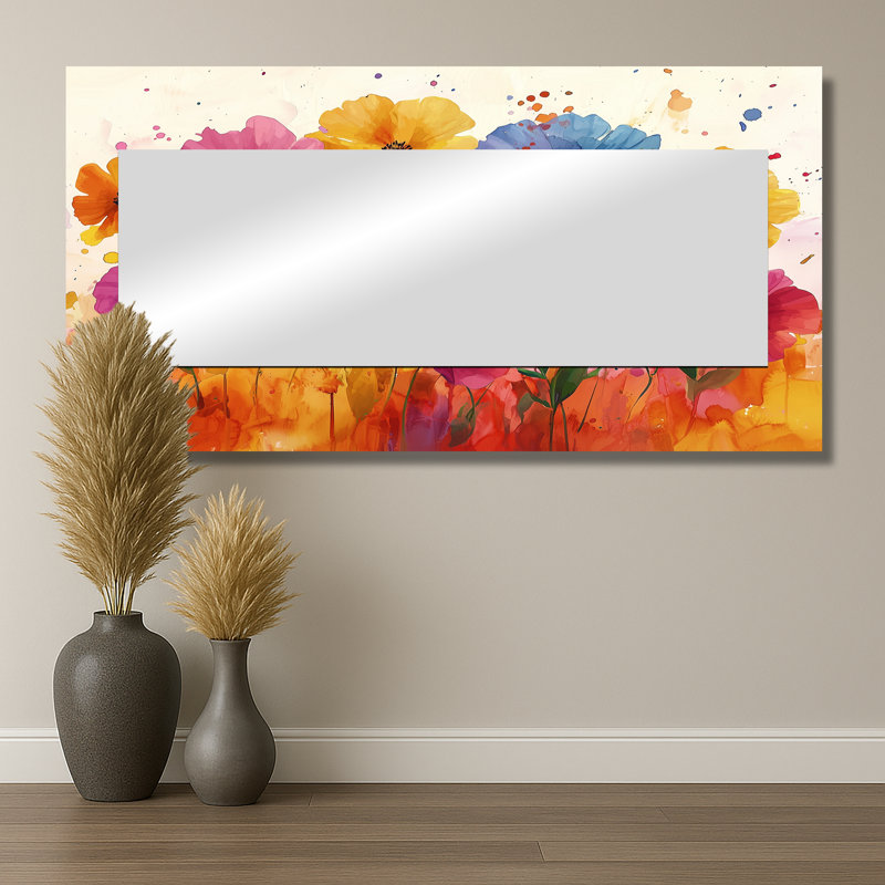 Champ de fleurs d'été champêtre - décoration murale miroir fleurs sauvages - imprimé sur métal, 28 po x 55 po