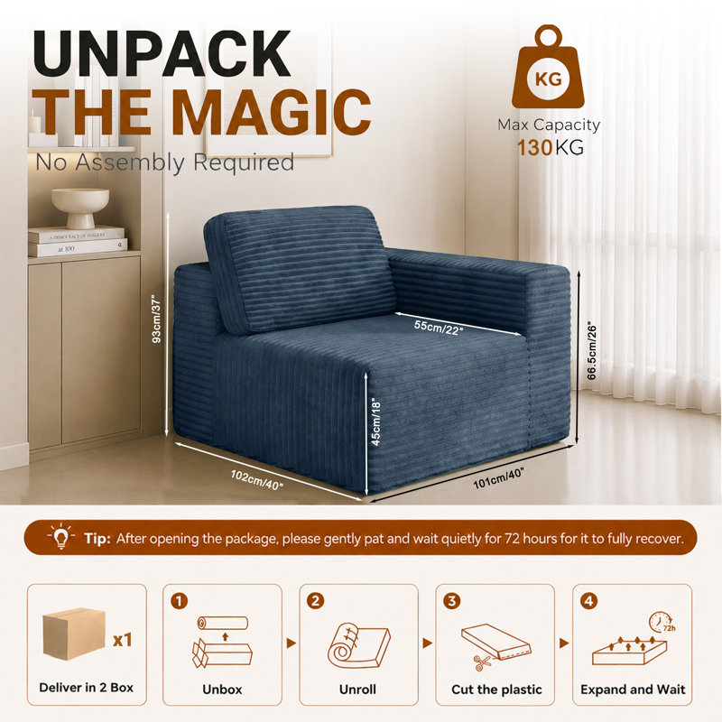 Modular Corduroy 101cm Boneless Accent Chair, Facing The Right Handrail, Blue