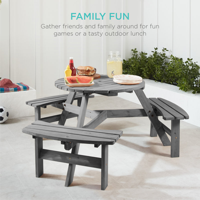  6-Person Circular Outdoor Wooden Picnic Table W/ 3 Built-In Benches, 500Lb Capacity - Gray, Gray