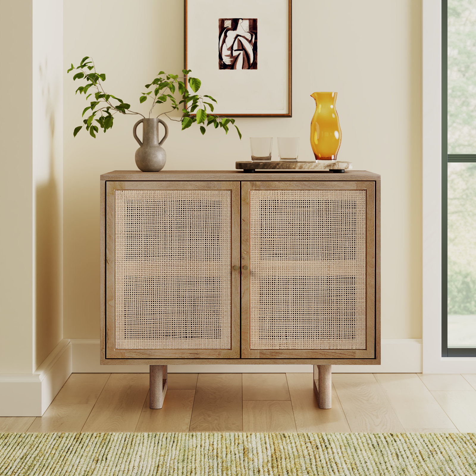 Cinna Solid Wood 2-Door Accent Cabinet, Light Brown