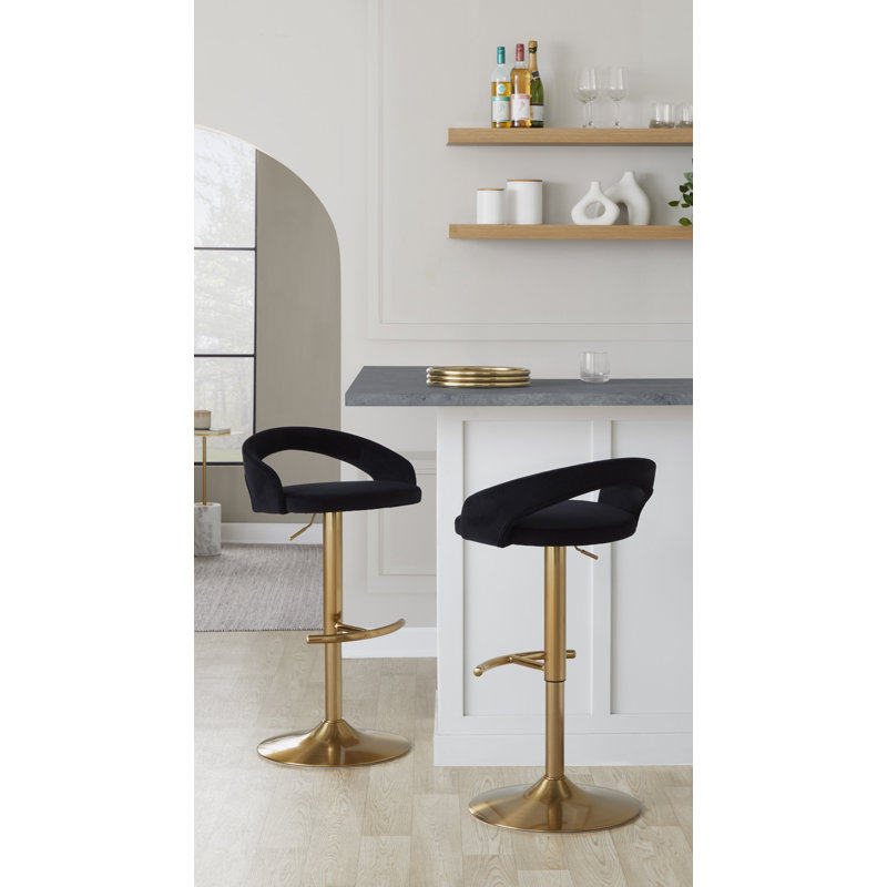 Tabouret de bar Laurenzio, Velours noir, Ensemble de 2, Doré