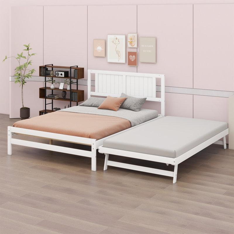 Platform Bed With Adjustable Trundle, White