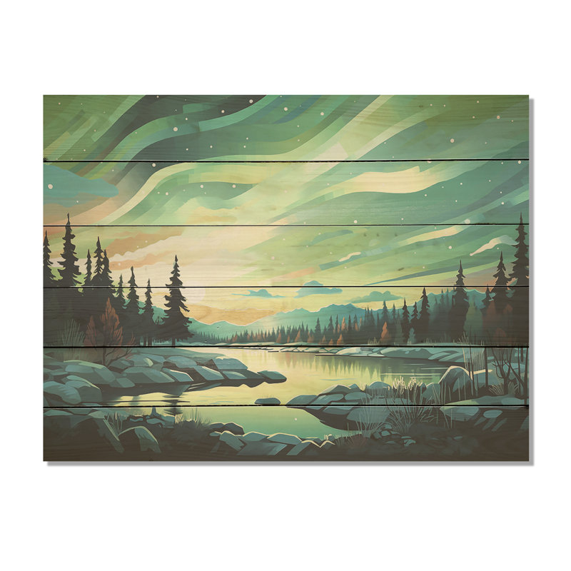 Northern Lights Scenery Minimalisme - Art sur bois de pin naturel, H 10 po x l 20 po