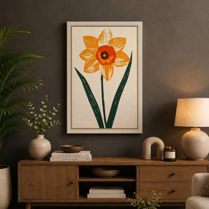 Daffodil Study Botanical - Wrapped Canvas, 36x24 - 91.4 x 61.0 cm, Sage Border