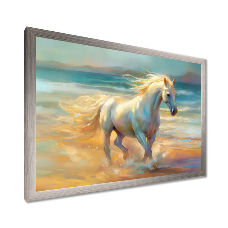 Cheval sur la plage I - art mural cheval, Cadre simple argenté, H 30 po x l 40 po x P 1,5 po