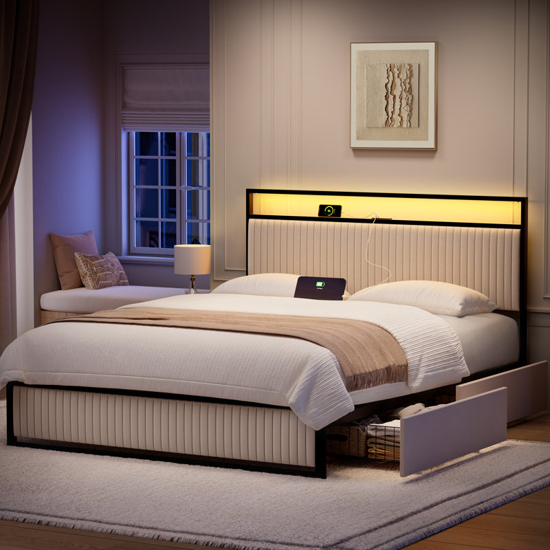 Lit plateforme tapissier avec rangement à 2 tiroirs Antioch, Queen, Beige