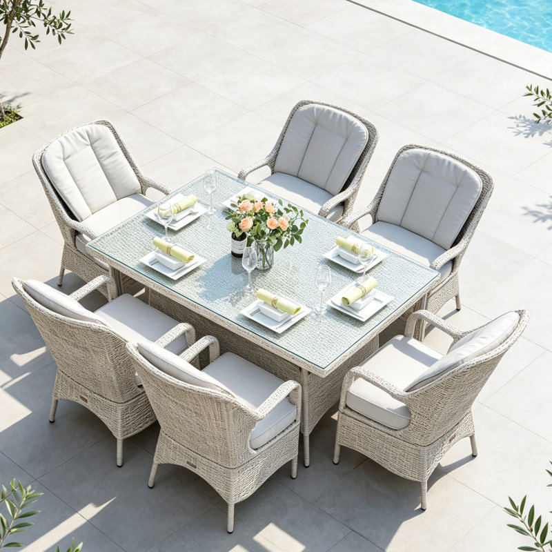 Ensemble de salle à manger d'extérieur en aluminium 7 pièces avec table rectangulaire en verre et fauteuils ergonomiques