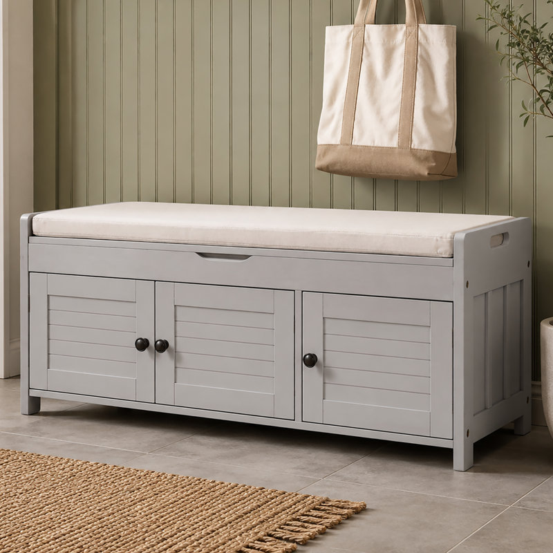 Linen Blend Upholstered Storage Bench, Gray Wash