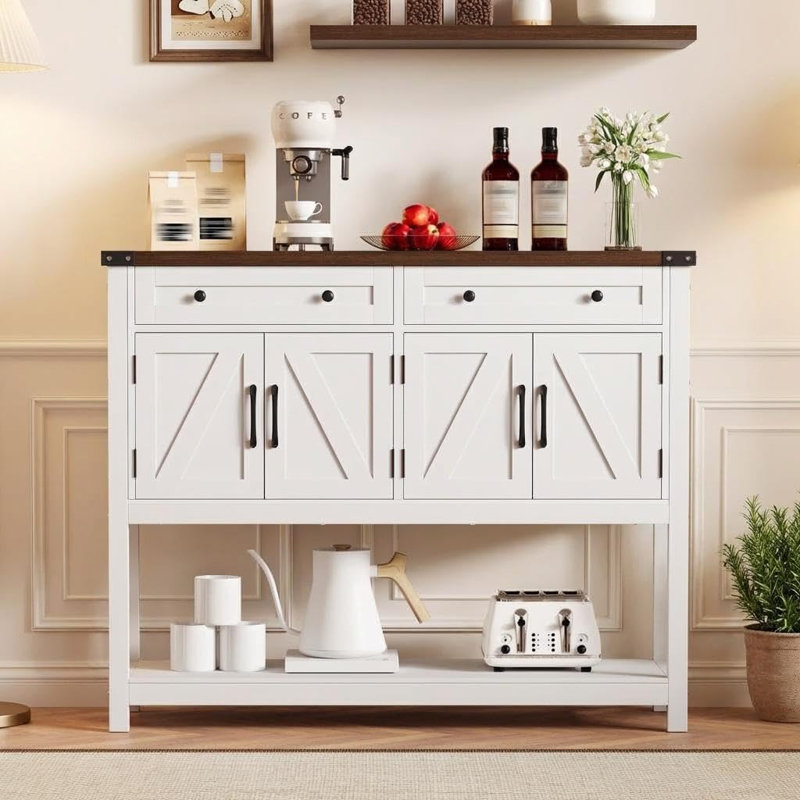 Buffet 47 pouces avec 4 portes de grange et tablette ouverte, console de rangement en bois, White