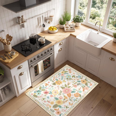 Floral 2X3 Area Rug Machine Washable Non-Slip Boho Carpet Low Pile Soft Print Indoor Rug For Living Room Bedroom Kitchen Kids Girls Room - Beige/White/Orange
