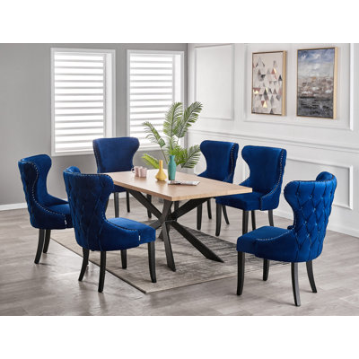 Devries 6 Person Dining set - a Rectangular Wooden Dining Table with Metal Legs and a Set of 6 Quilted Velvet Dining Chairs for Dining Room - Modern Dining Table Set