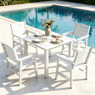 Patio Dining Set for 4 Person All Weather 5 Piece HIPS Outdoor Patio Table and Chairs Set with Aluminum Frame Plastic Outside Furniture for Backyard, Garden, Deck, Poolside, White
