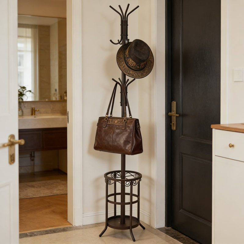 Portemanteau autoportant avec 12 crochets et porte-parapluies, portemanteau en métal pour vestibule, bureau personnel et rangement