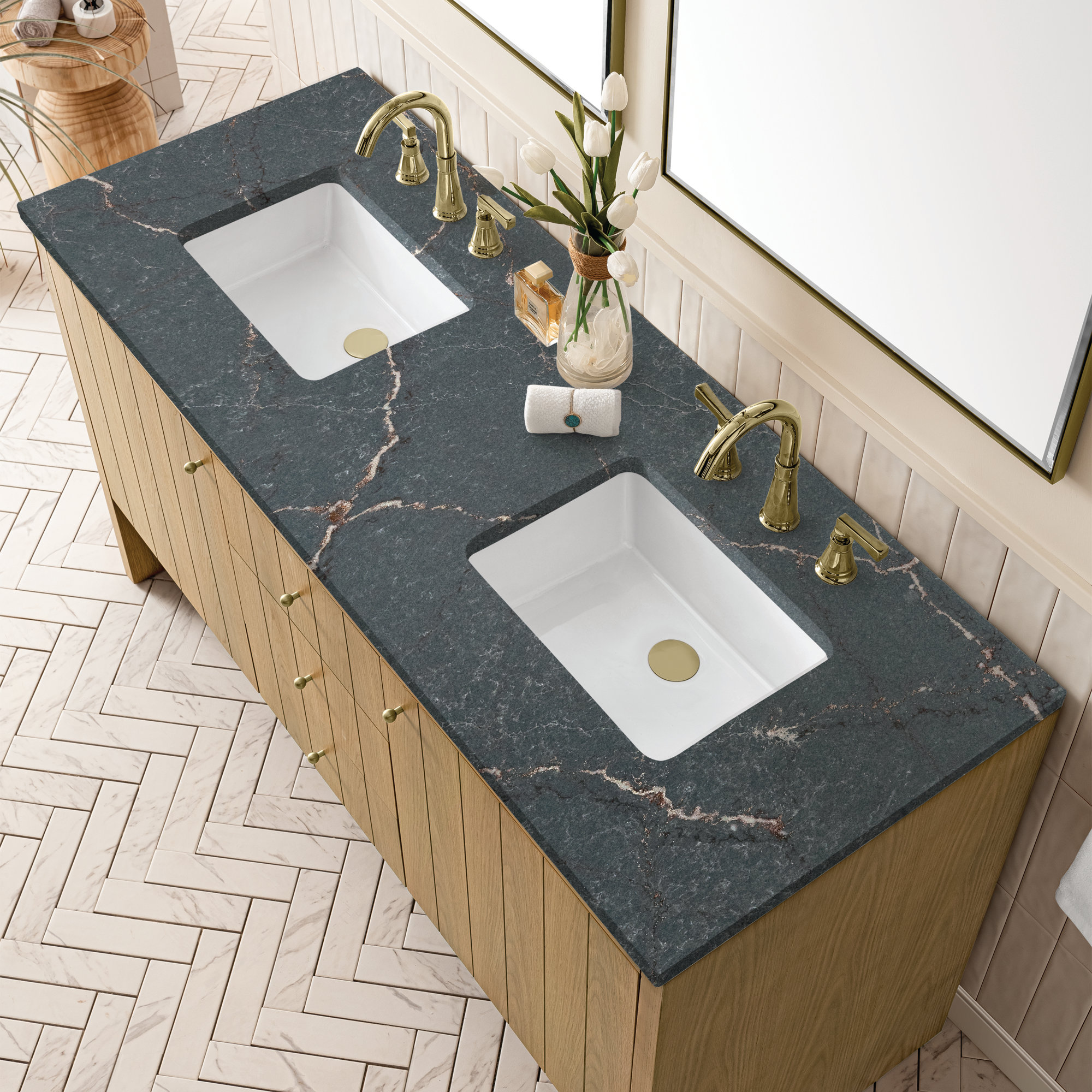 Hudson 60'' Double Bathroom Vanity, 8" Widespread, Parisien Bleu, Light Natural Oak