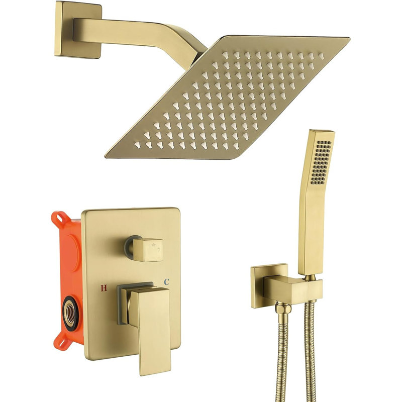 Brushed Gold Shower System With 8 Inch Rain Shower Head And Handheld Spray Combo, 2-Function Shower Fixtures Set Including Trim Kit And Valve
