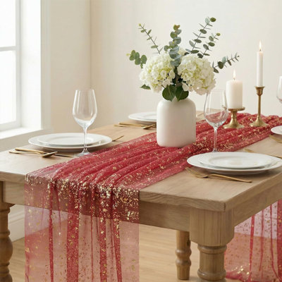 Red Gold Gauze Table Runner 59x120 Inch 10FT, Glitter Metallic Foil Sheer Dining Wedding Anniversary Holiday Table Decor for Home Party