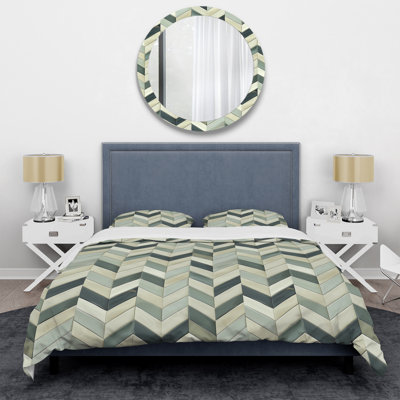 Beige Green Herringbone Print - Modern Duvet Cover Set