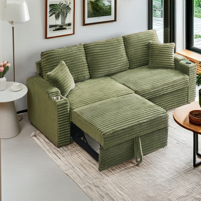 Un canapé-lit en velours côtelé escamotable, pliable et caché deux-en-un de 80 pouces avec porte-gobelets et oreillers, qui convient au salon