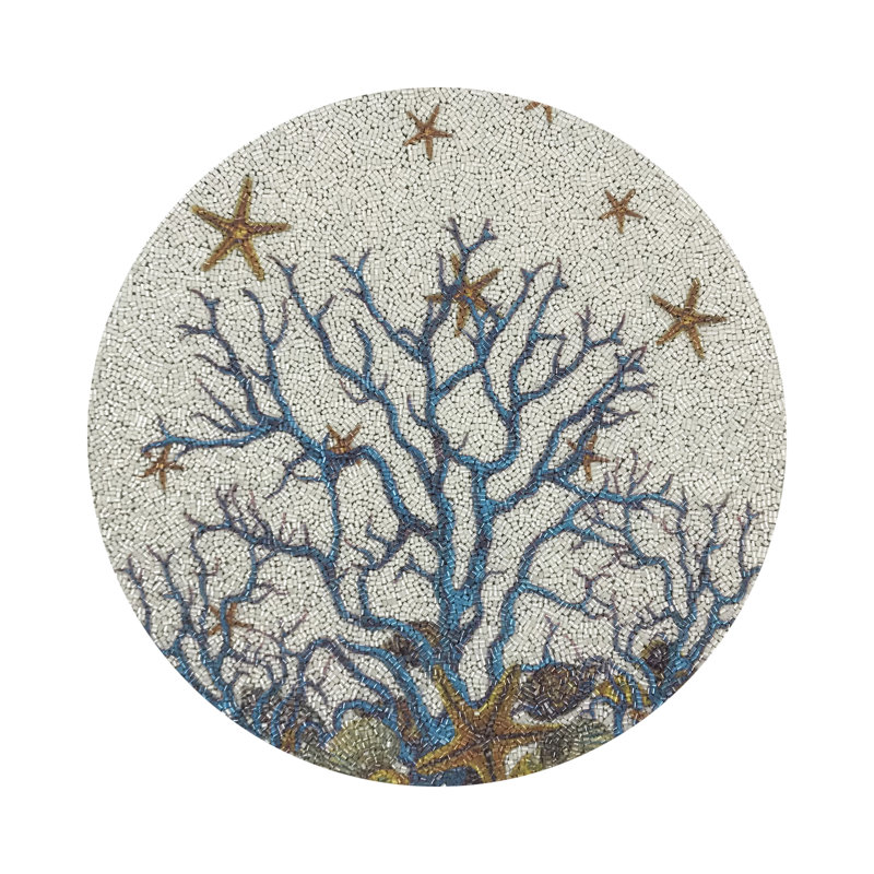 Coral Reef Vegan Leather Round Beaded Placemat, White Turq