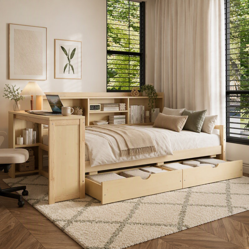 Lit de jour en coin avec tiroirs de rangement, bureau intégré, station de recharge et bibliothèque, structure de lit de jour multifonctionnelle en bois pour chambre à coucher ou chambre d'amis