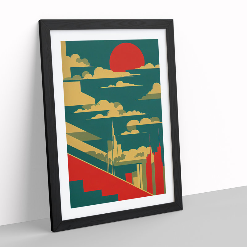 City Skyline Retro Art No.5 - Wall Art, 66cm H x 48cm W x 2cm D, Black Framed, White