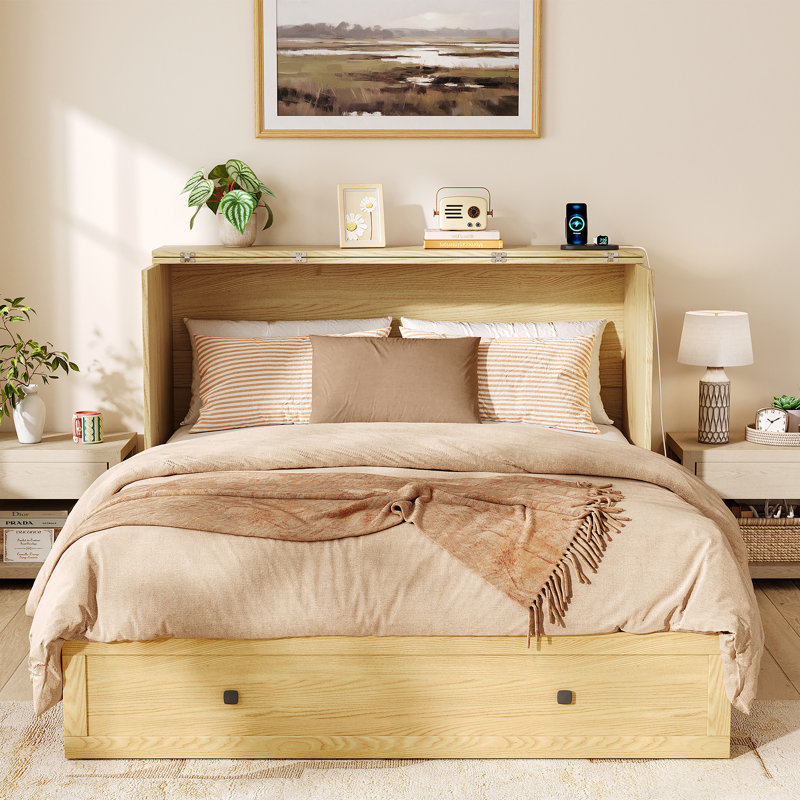 Lit escamotable avec rangement Farmhouse, armoire escamotable avec station de charge intégrée pour chambre à coucher, chambre d'amis