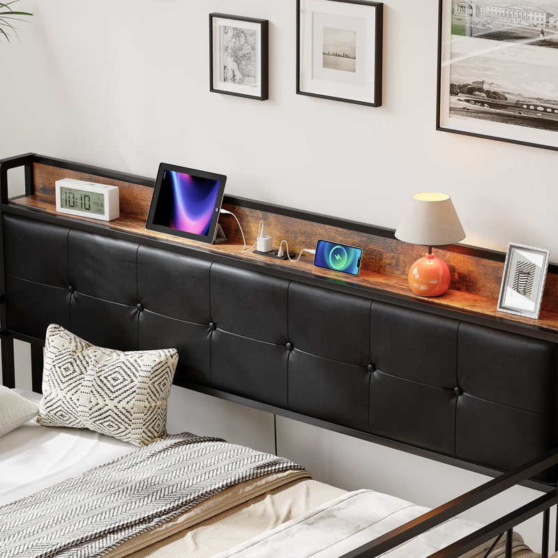 Storage Twin Daybed with Trundle, Upholstered Headboard, Metal Frame, and Built-in Charging Station, Black
