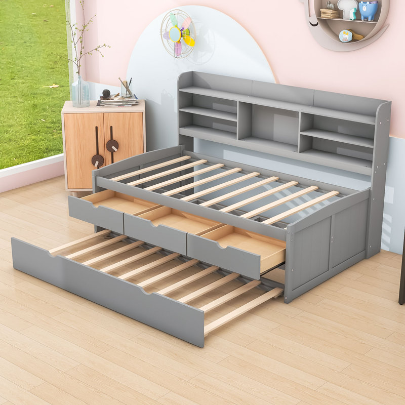 Amande Twin Wooden Captain Bed with Bookcase Headboard, Three Storage Drawers and Twin Trundle, Light Gray