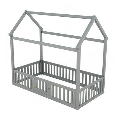 Twin Size Wood House Bed With Fence And Door, Grey