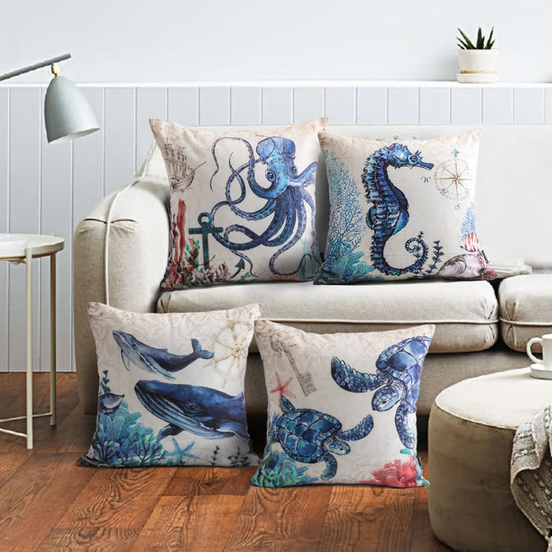 Ocean Marine Animals Decorative Square Pillow Set, 18" x 18", Blue and Beige
