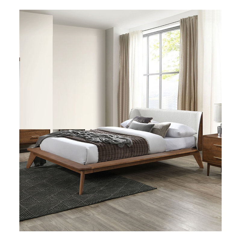 Ensemble de chambre double 3 pièces à finition noyer avec lit tapissier Boucle et deux tables de chevet