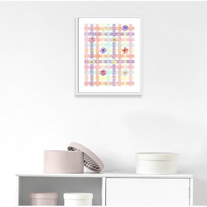 Impression sur papier à carreaux unique avec fleurs, H 25,5 po x l 21,5 po x P 1,1875 po, Encadré de boîte blanc