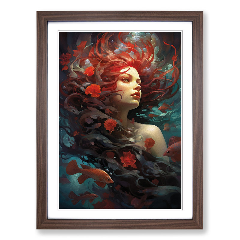 Mermaid Symbolism - Single Picture Frame Print on Wood, Walnut Framed, 34cm H x 25cm W x 2cm D