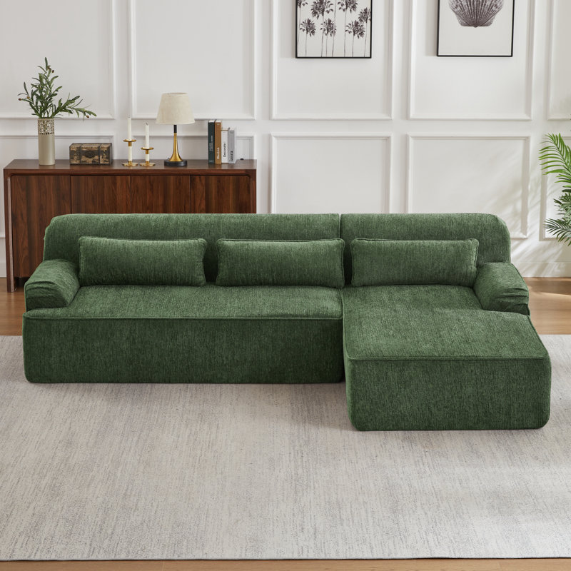  Canapé modulaire en L Chenille, canapé-lit modulaire surdimensionné à méridienne droite, design minimaliste pour le salon, sans assemblage, vert