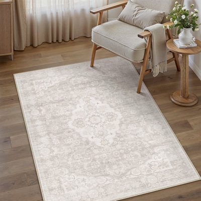 Elora Vintage Medallion Machine Washable Area Rug With Non-Slip Backing in Beige
