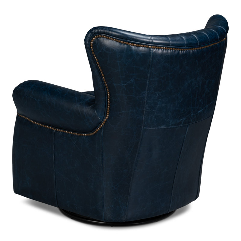 Bugatti Swivel Club Chair, Chateau Blue Genuine Leather