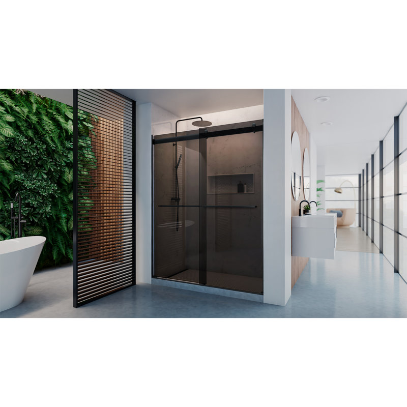 DreamLine Dexterity 56-60 in. W x 76 in. H Frameless Smoke Gray Glass Bypass Shower Door, Matte Black