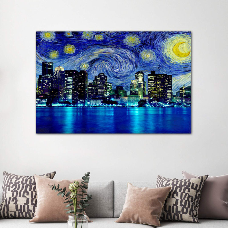 Boston, Massachusetts, nuit étoilée, impression d'art graphique, H 40 po x l 60 po x 1,5 po, Toile tendue