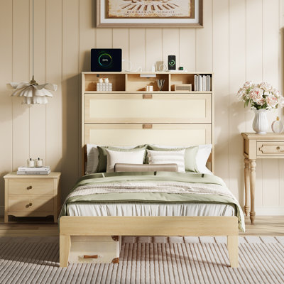 Twin Size Pine Wood Platform Bed, Rattan Design, Storage Headboard With Charging Station, Shelves For Bedroom