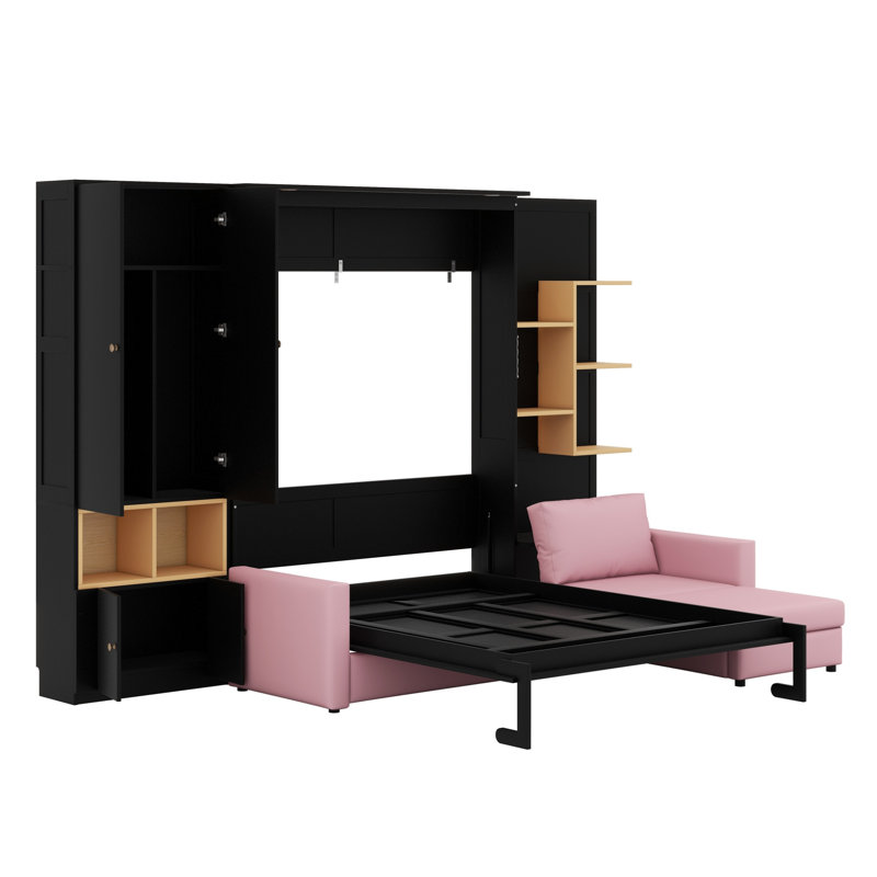 Grand lit escamotable avec canapé et tablettes de rangement, station de charge et lumière DEL, armoire murale escamotable en bois avec canapé et armoire de rangement