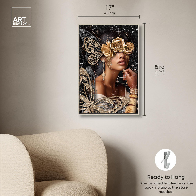Toile dorée «Golden Butterfly Goddess» par Art Remedy, Cadre argenté, H 37 po x l 25 po
