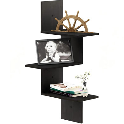 Étagère d'angle murale flottante à 3 niveaux, couleur espresso | Étagère murale de coin carrée, étagère murale radiale en forme de S, pour salle de bain, chambre à coucher, salon