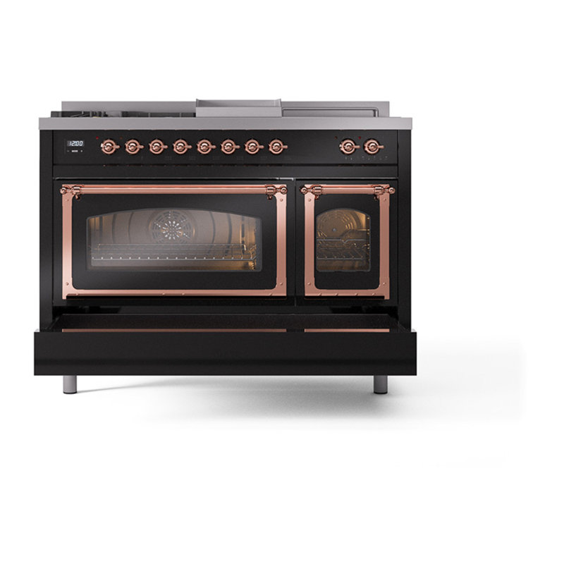 ILVE Nostalgie II Series Noblesse 48 inch Dual Fuel Range 5 Sealed Burners, Griddle, Frenchtop (Glass Door), Copper