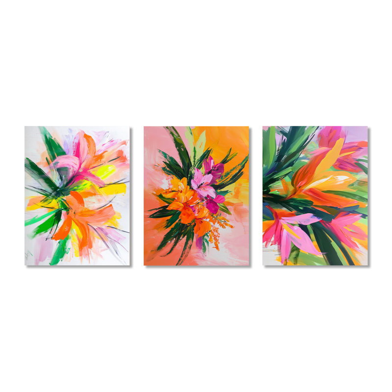 Tropical Bouquet of Palms - Botanical 3 panneaux, impression murale en métal, 32" H x 72" W