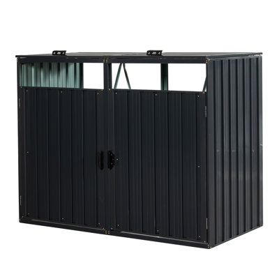 Outdoor Garbage Storage Shed - Metal, Charcoal, 32.18 In Width, , Easy Assembly Galvanized Steel Trash House 2 Can Capacity, 64.29 Depth, Scratch-, Ventilated