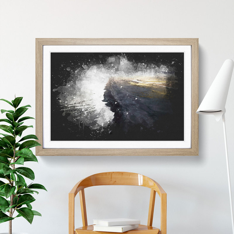 The Black Sand Beach in Iceland Paint Splash - Picture Frame Graphic Art, Oak Framed, 36cm H x 48cm W x 2cm D