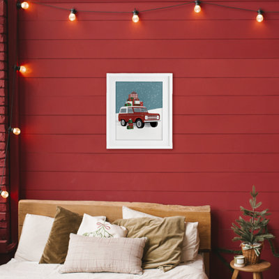 Red SUV Christmas Time Framed Print Under Glass, design by Jilly Jack Designs