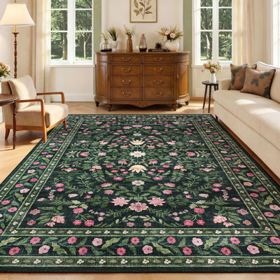 Tapis de salon, tapis floral lavable à poils courts, tapis doux antidérapant pour le salon, la chambre à coucher et la salle à manger