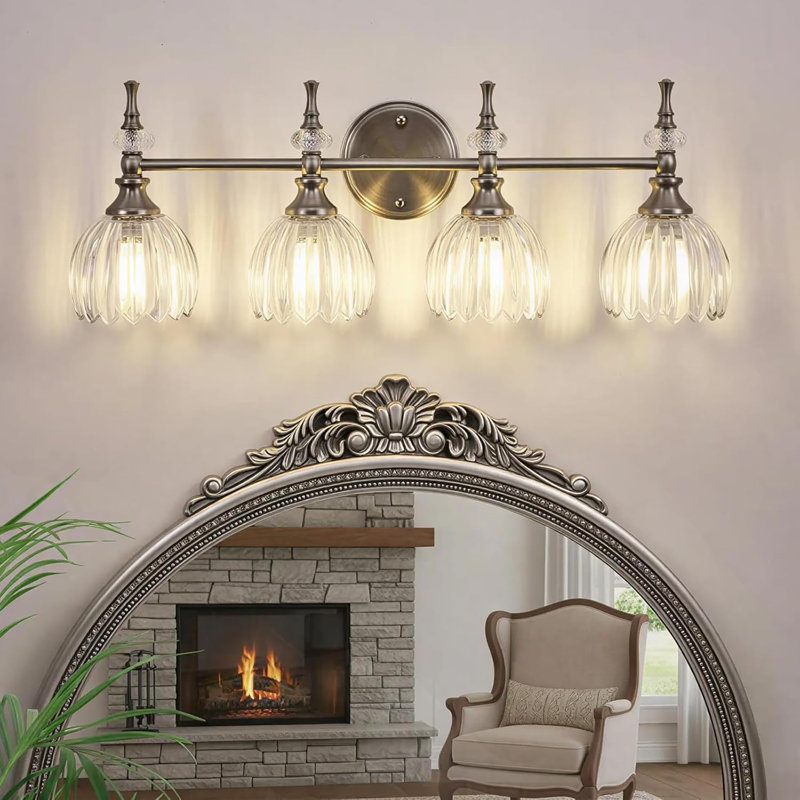 Modern Bathroom Vanity Light Fixture with Tulip Glass Shades, Brushed Nickel, 4 Lights